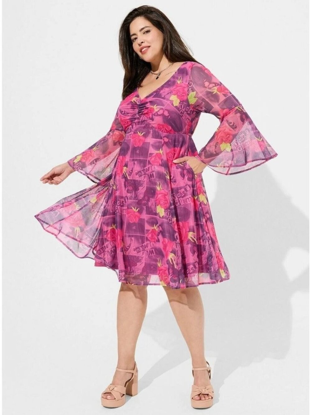 Torrid X Betsey Johnson Mini Dress Bell Sleeve Pink Floral Size 0 US 12 Sheer